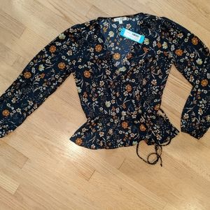 Blue Marigold Floral Faux Wrap Blouse